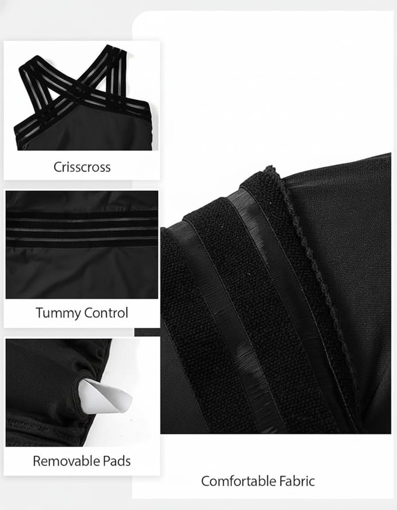 Tempt Me Women Black Crisscross One Piece Swimsuits Mesh Tummy Control Bathing Suits Front Crossover Swimwear S - Image 3